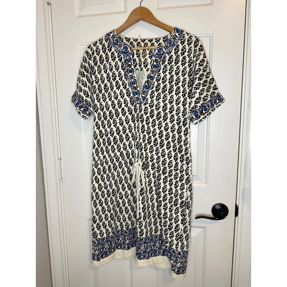 Tory Burch 100% Pima Cotton Ivory Guru Border Blue Amara Dress XS Coastal Brunch
